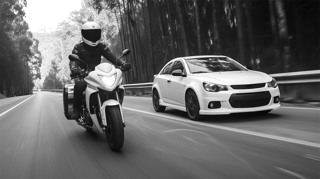 Motocicleta y coche seguros en la carretera